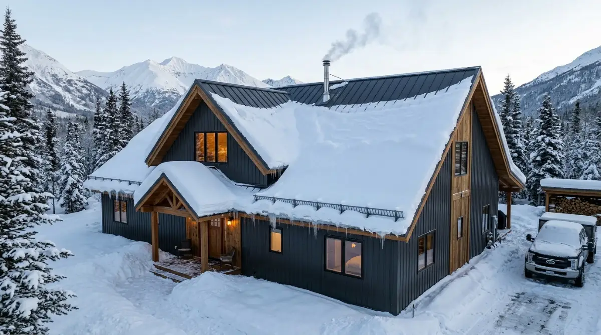 Alaska barndominium metal roof with deep snow load and snow guards