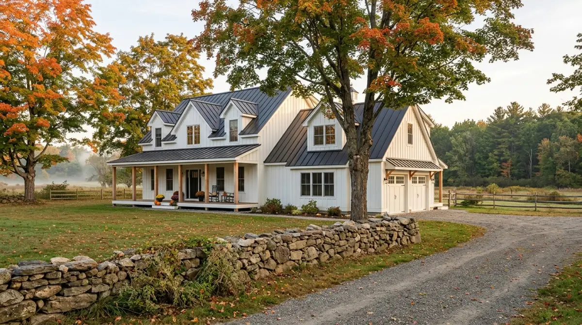 Modern Massachusetts barndominium cost per sq ft. Barndominium exterior with board-and-batten siding, standing-seam metal roof and covered porch