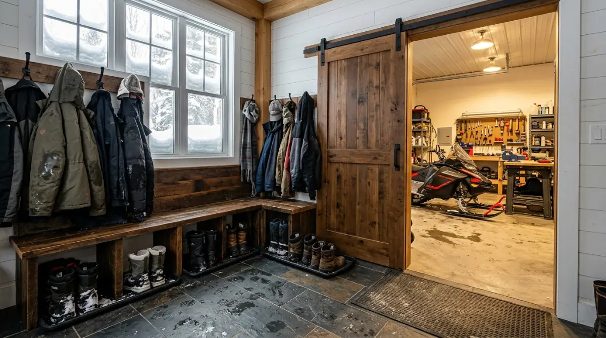 Winter mudroom with wet coats, boot storage and a slate floor, with a sliding barn door opening to a heated workshop and snowmobile