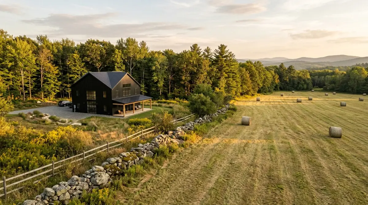 Black barndominium beside a mowed hayfield with round bales, a stone wall and forest in rural New Hampshire at sunset