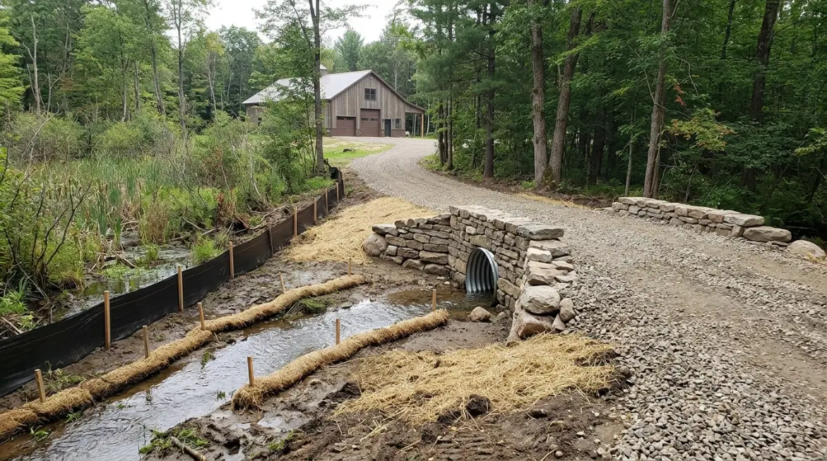 Gravel driveway crossing a small stream over a culvert with stone headwalls and silt fence at the wetland edge, with a barn-style house in the distance