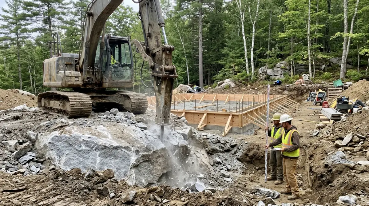Excavator with a rock breaker cutting granite ledge beside footing forms while two workers in safety vests check the depth, in a New Hampshire woodland