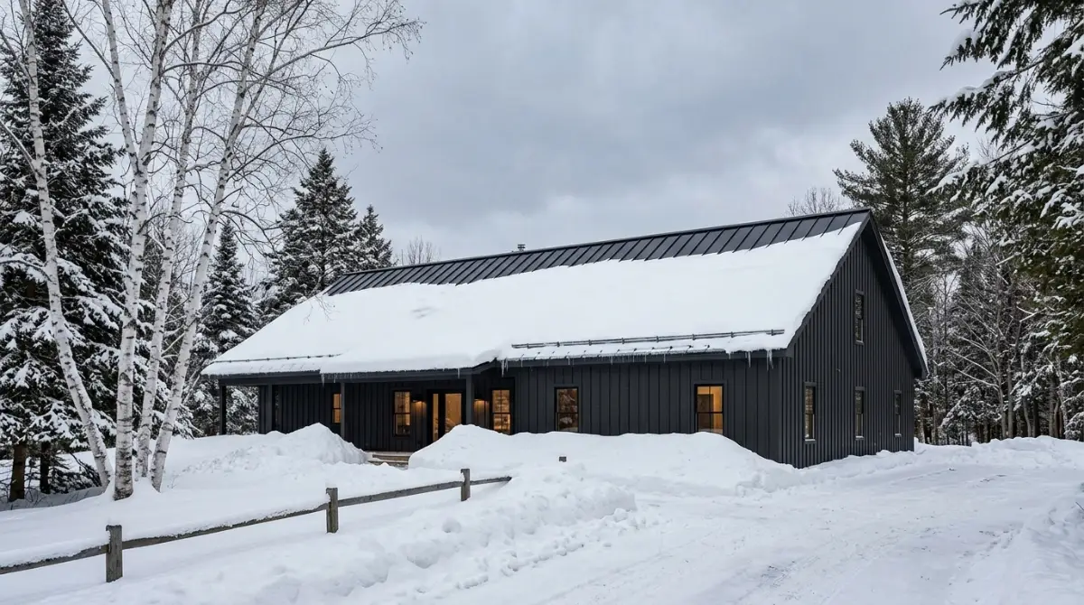 Barndominium with a heavy snow load on its metal roof and snow guards in a New Hampshire winter
