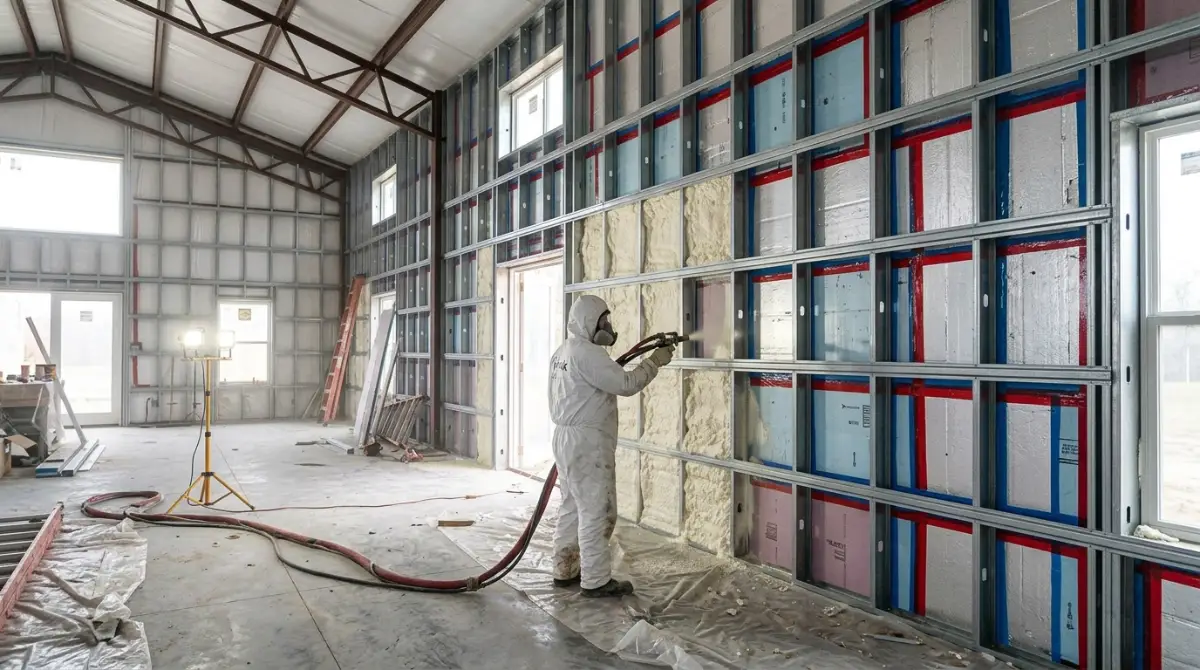 Worker in protective gear spraying foam insulation between steel wall studs, with rigid foam and taped seams, inside a barndominium