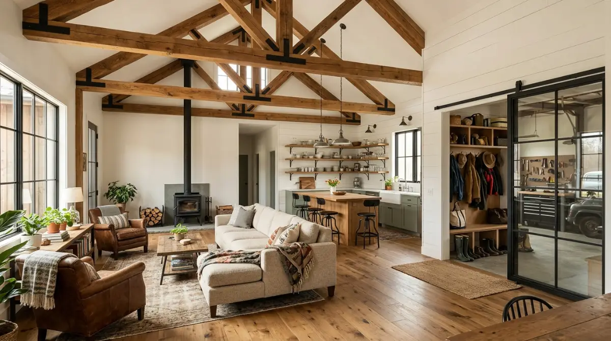 Open-plan barndominium interior with exposed trusses and living area in Massachusetts