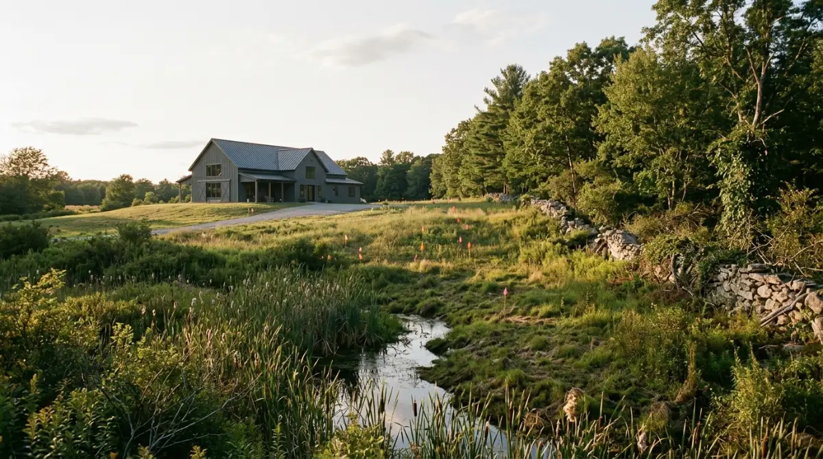 Rural Massachusetts landscape with survey flags and a barndominium on open land