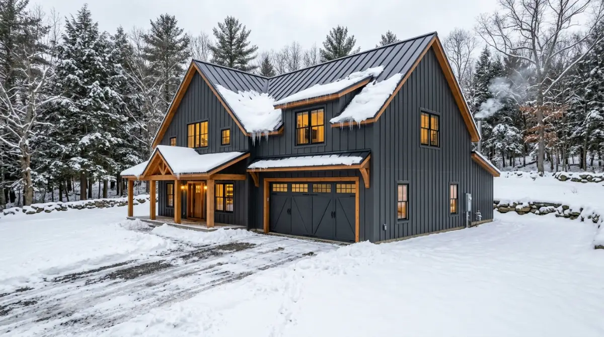 Snow-covered Connecticut barndominium with metal roof and large garage door