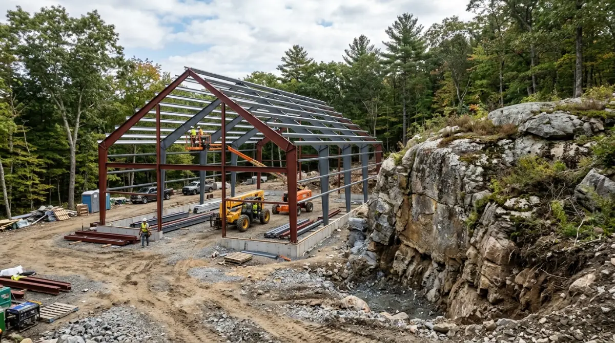 Steel barndominium frame under construction beside exposed ledge in Connecticut
