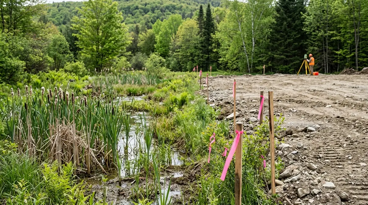 Surveyor marking a wetland buffer beside a Vermont building site