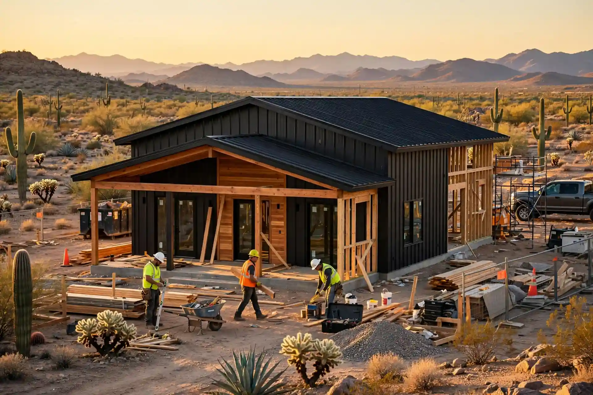Arizona barndominium exterior with metal roof and desert landscape
