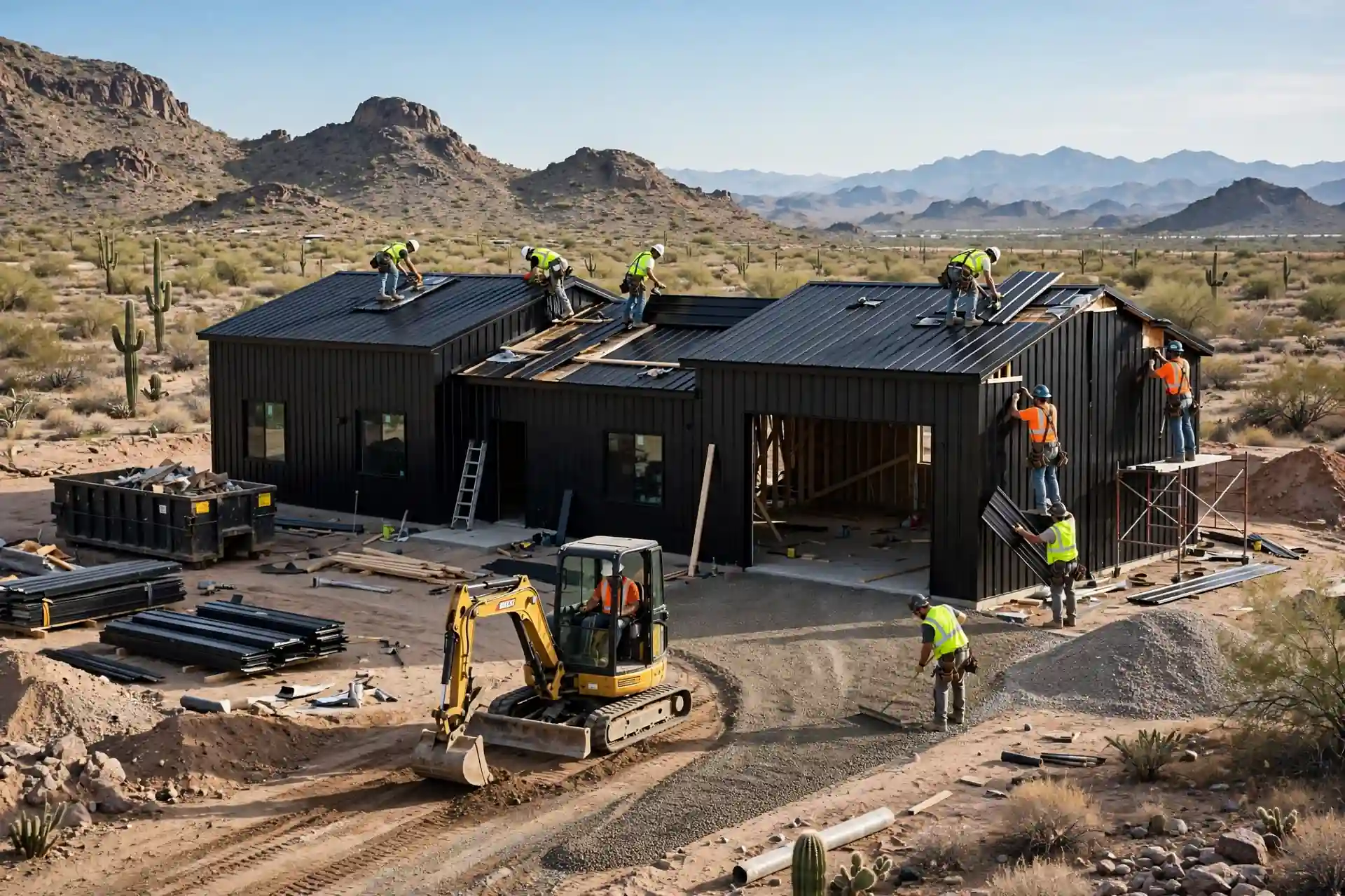 Arizona Barndominium Cost Per Sq Ft: Workers installing black metal roofing and siding on Arizona barndominium final construction stage
