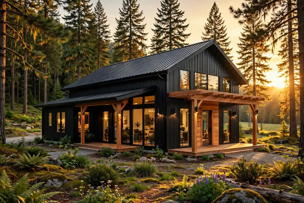 Washington barndominium cost per sqft: finished barndominium with black metal siding and wood porch columns