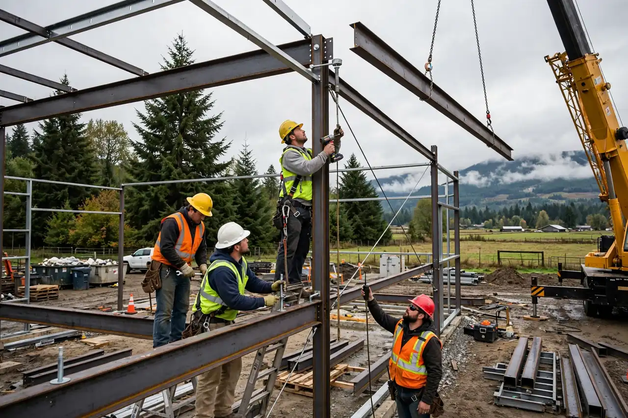 Washington barndominium cost per sqft: crew building the structure of a barndominium