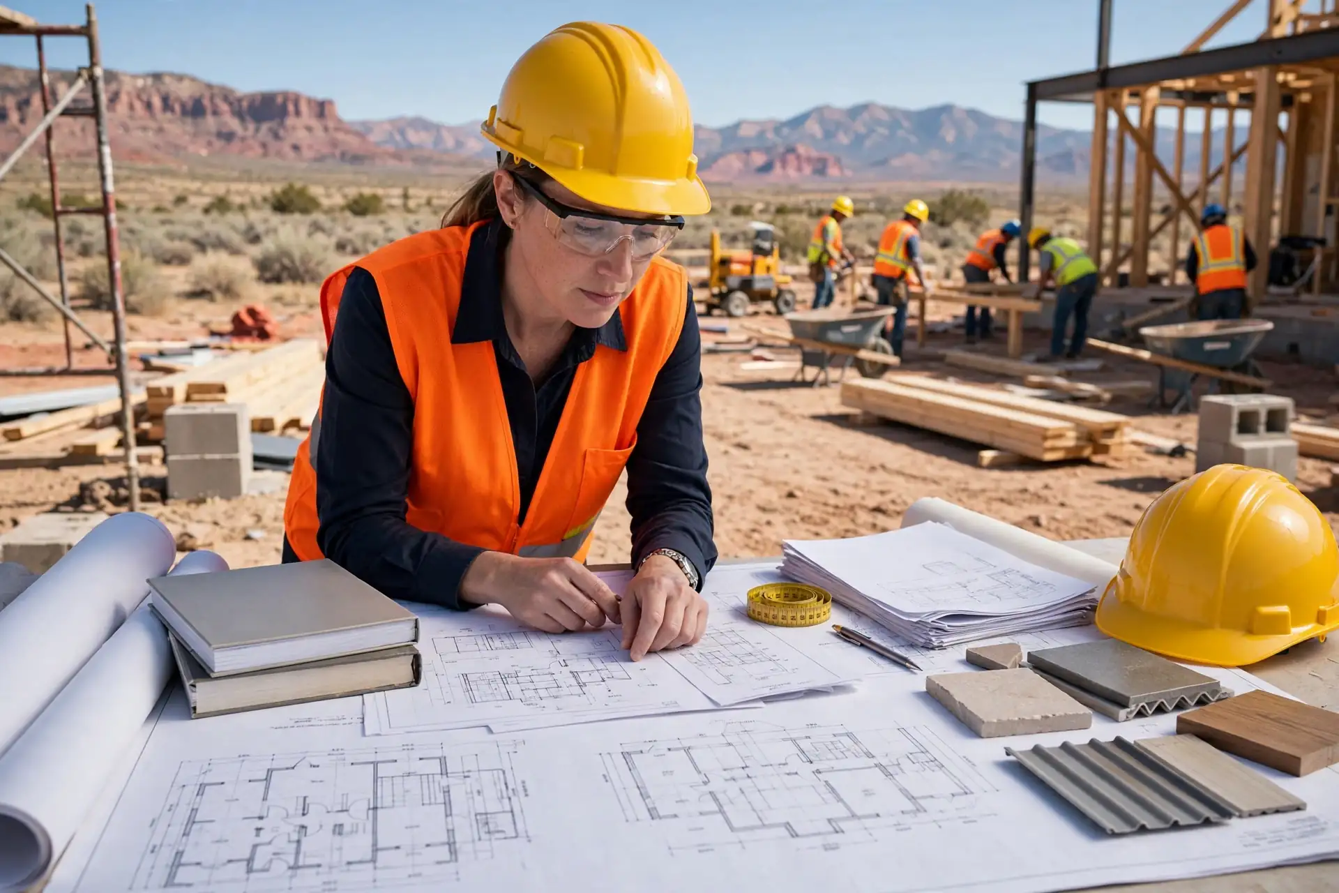 Builder reviewing blueprints and building code requirements