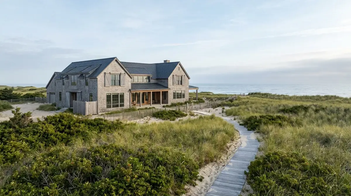 Coastal Rhode Island barndominium set back behind a dune grass buffer near the shoreline