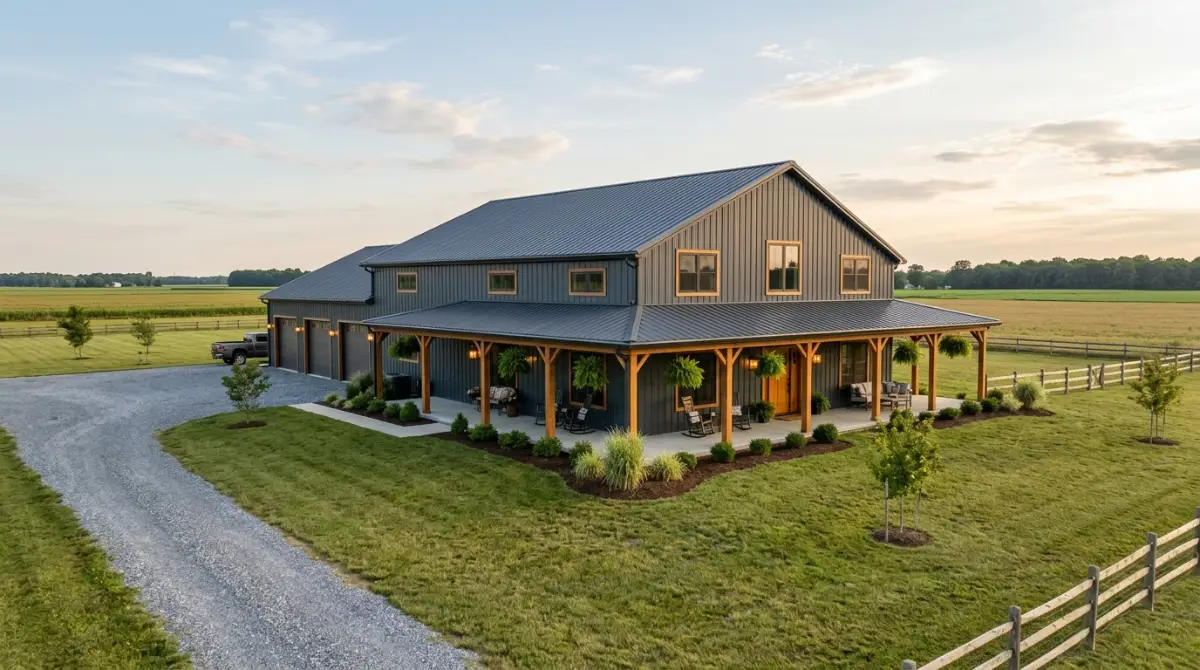 Delaware barndominium cost per sqft: finished barndominium with metal siding and covered porch on flat farmland