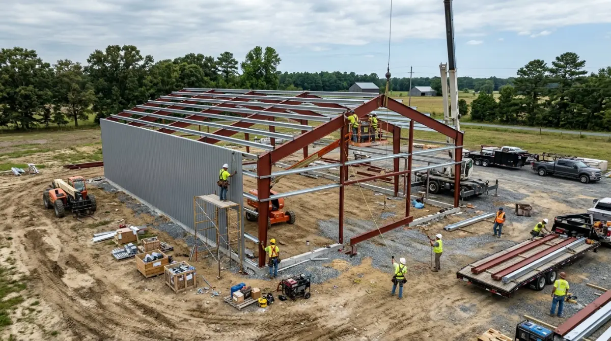 Delaware barndominium cost per sqft: crew erecting a steel barndominium shell