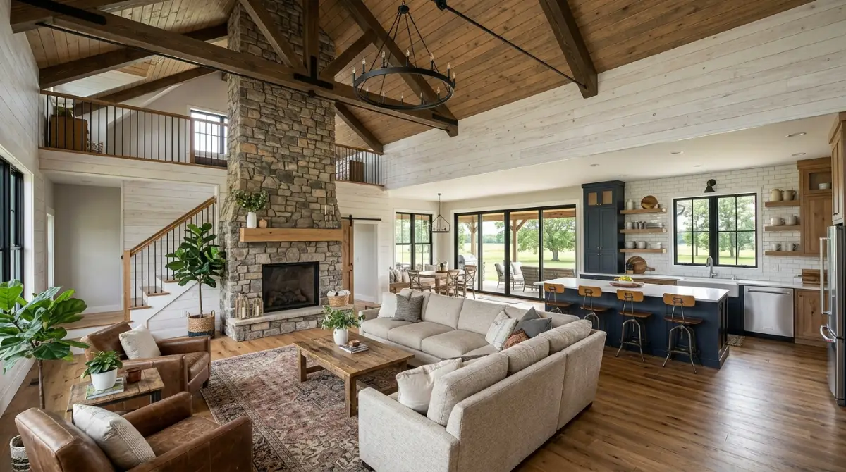 Open-plan interior of a finished Delaware barndominium with kitchen and living area