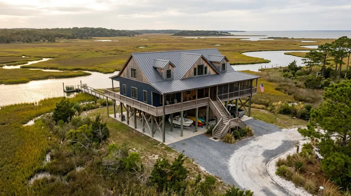 Elevated coastal Delaware barndominium near marsh in a flood zone