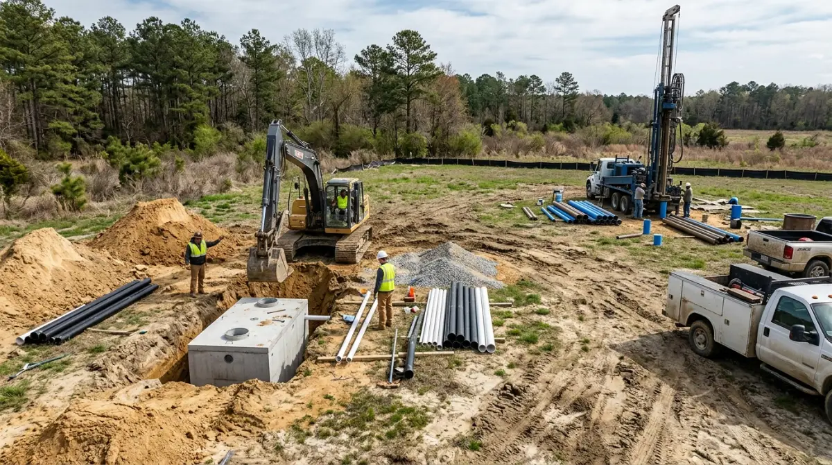 Crew installing a septic system and well on rural Delaware land