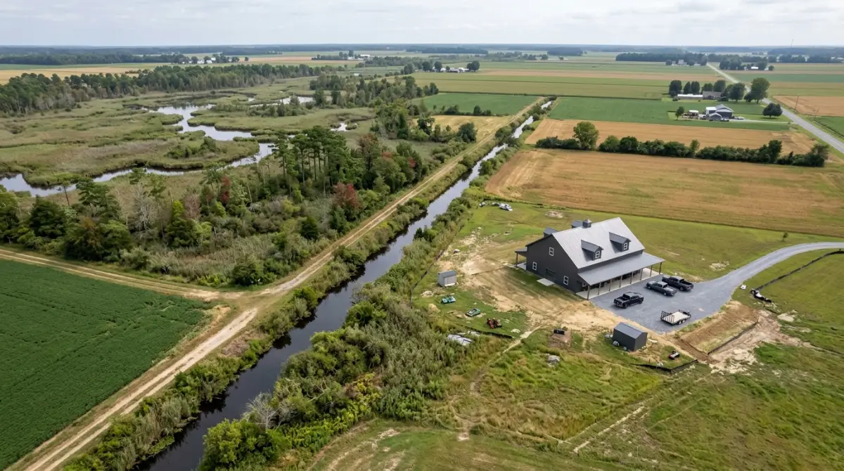 Aerial view of Delaware farmland with a drainage ditch and wetland edge near a barndominium site