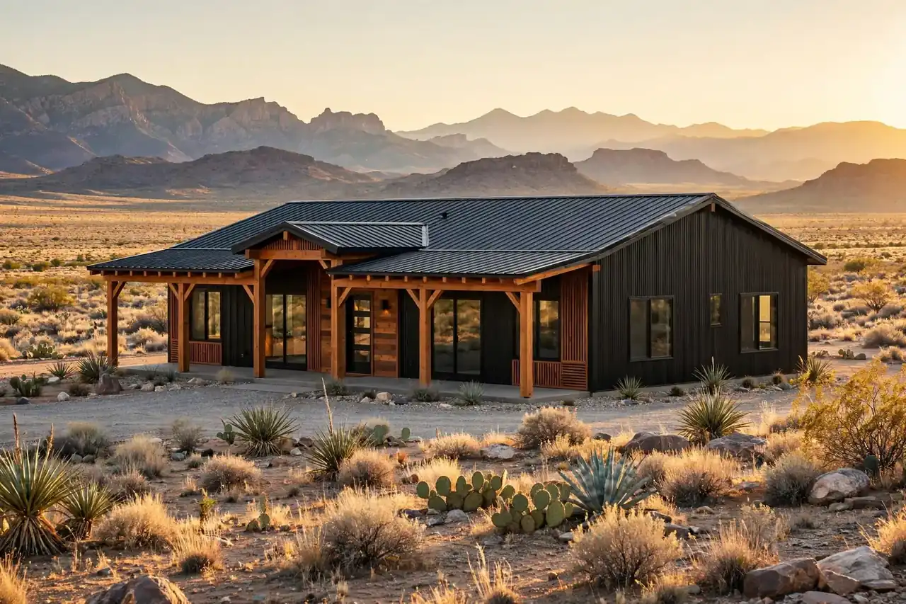 New Mexico barndominium: Modern black metal barndominium with wood porch in New Mexico desert at sunset
