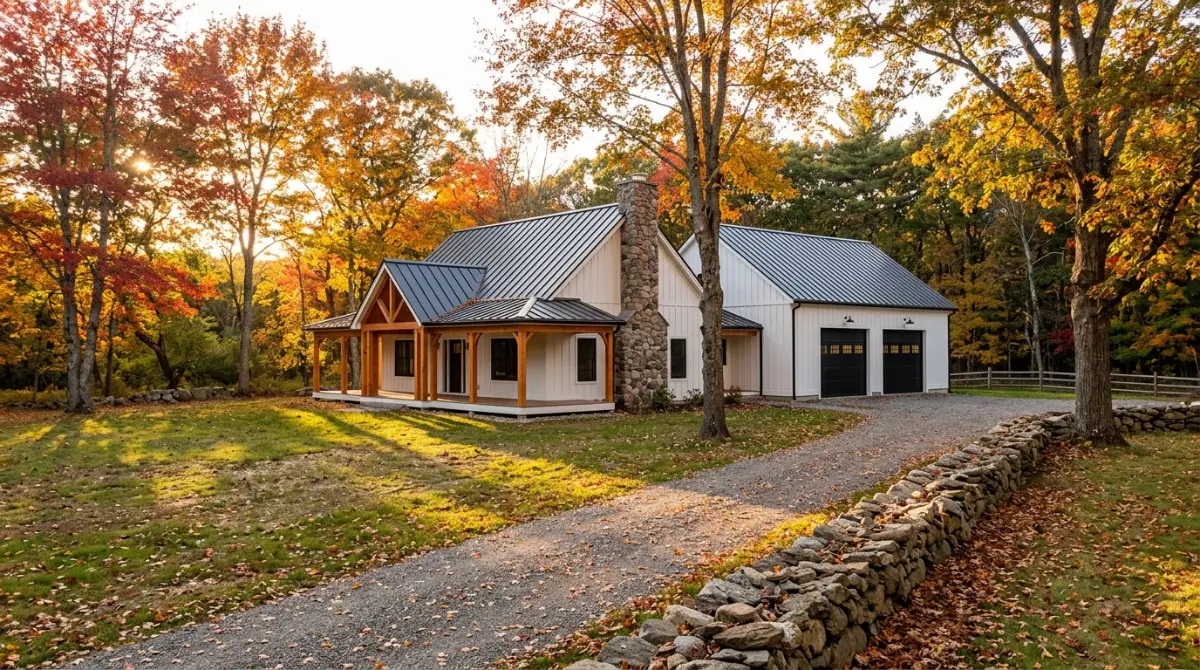 Finished Rhode Island barndominium with standing-seam metal roof and attached workshop surrounded by New England autumn trees