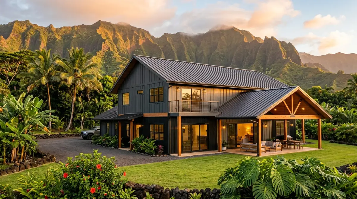 Modern Hawaii barndominium cost per sq ft, and a metal roof and covered lanai surrounded by tropical landscaping