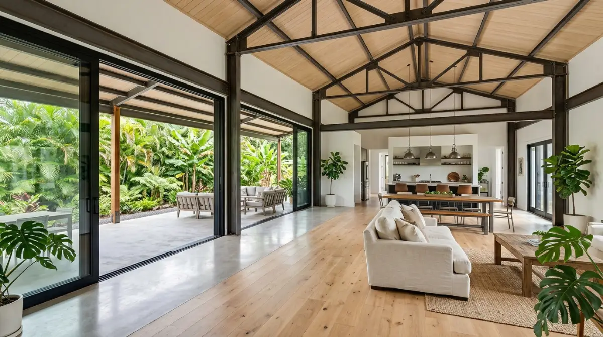 Open-plan Hawaii barndominium interior with high ceiling opening onto a covered lanai