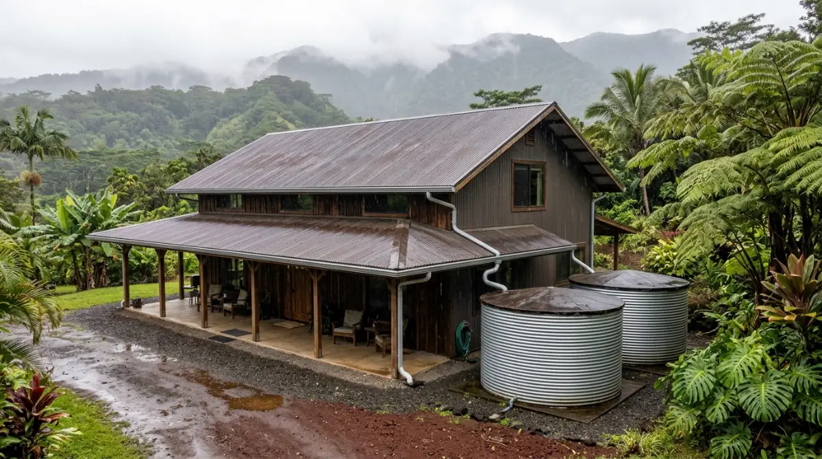 Hawaii barndominium metal roof with gutters feeding rainwater catchment storage tanks