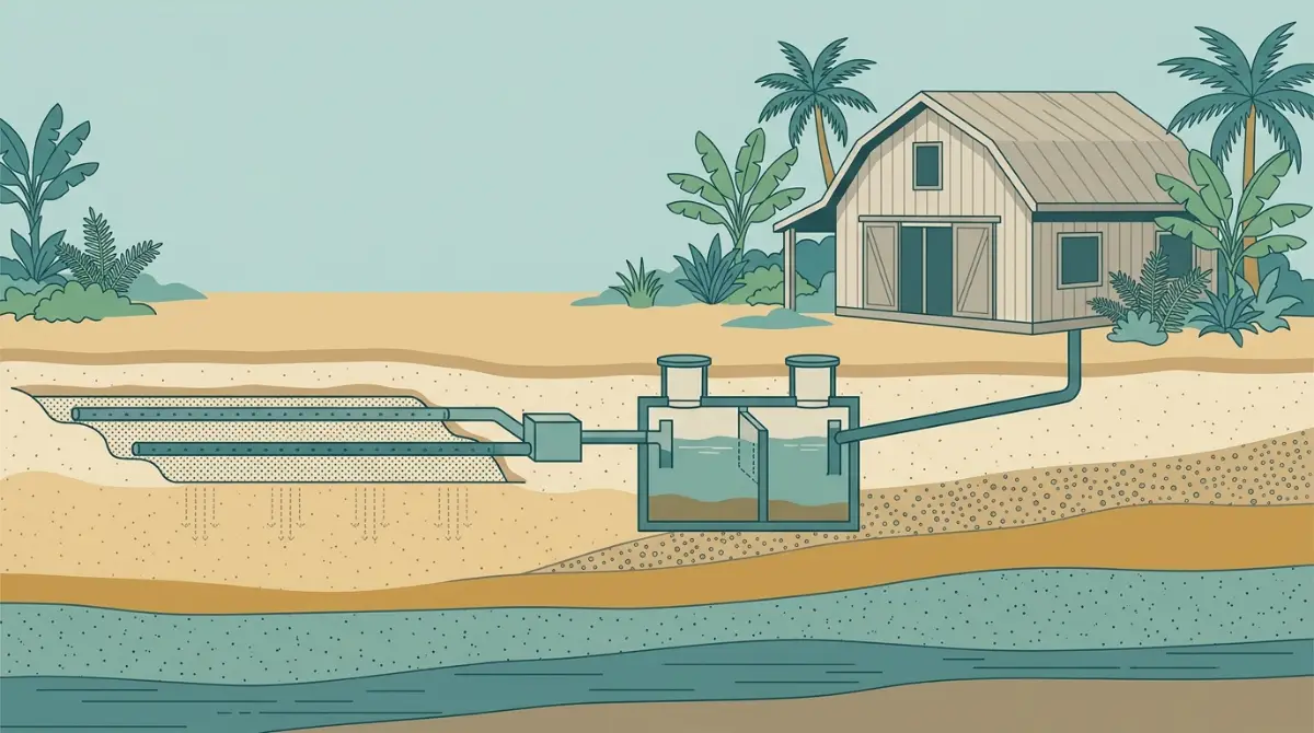 Cutaway illustration of an individual wastewater system serving a rural Hawaii barndominium