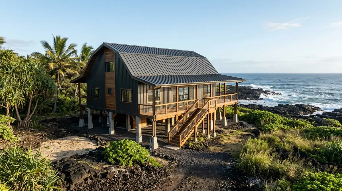 Coastal Hawaii barndominium on an elevated foundation above flood level near the shoreline