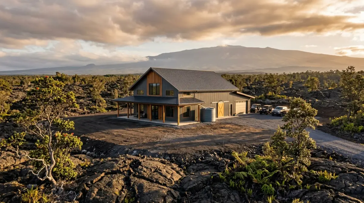 Hawaii Island barndominium site on rugged volcanic lava rock terrain with a mountain in the distance