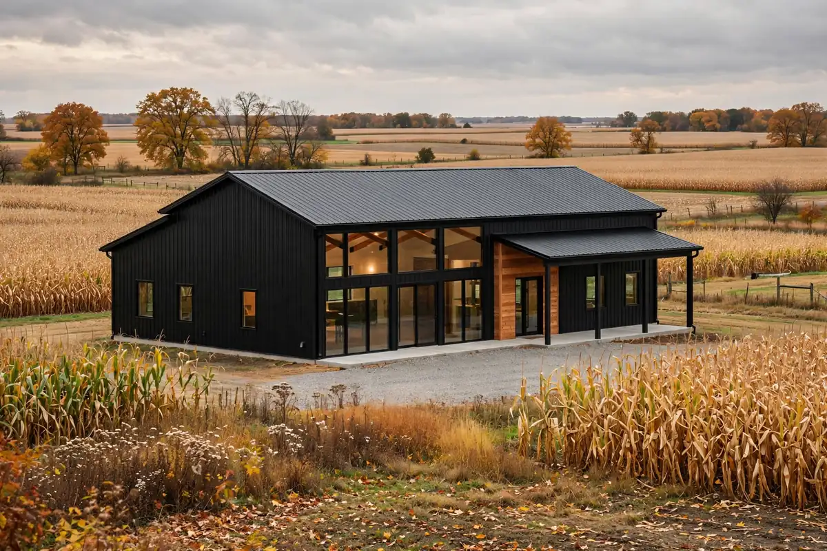 illinois-barndominium-cost-per-sqft. Black barndominium exterior surrounded by Illinois cornfields in fall with large glass windows