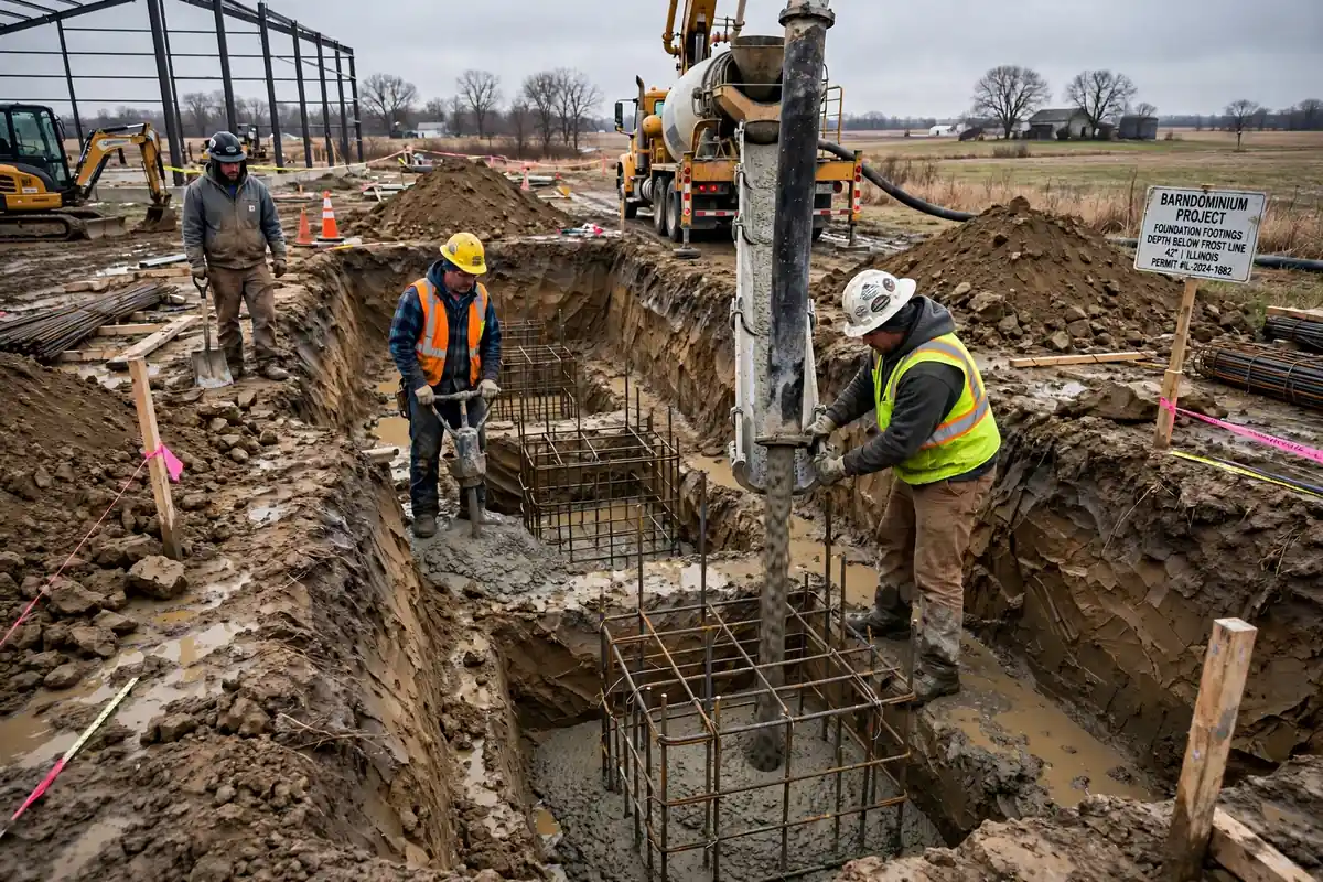Workers preparing a frost-depth foundation for an Illinois barndominium