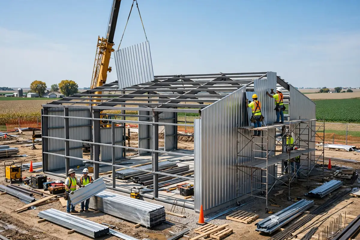 Illinois barndominium shell cost per sqft: crew erecting the steel shell