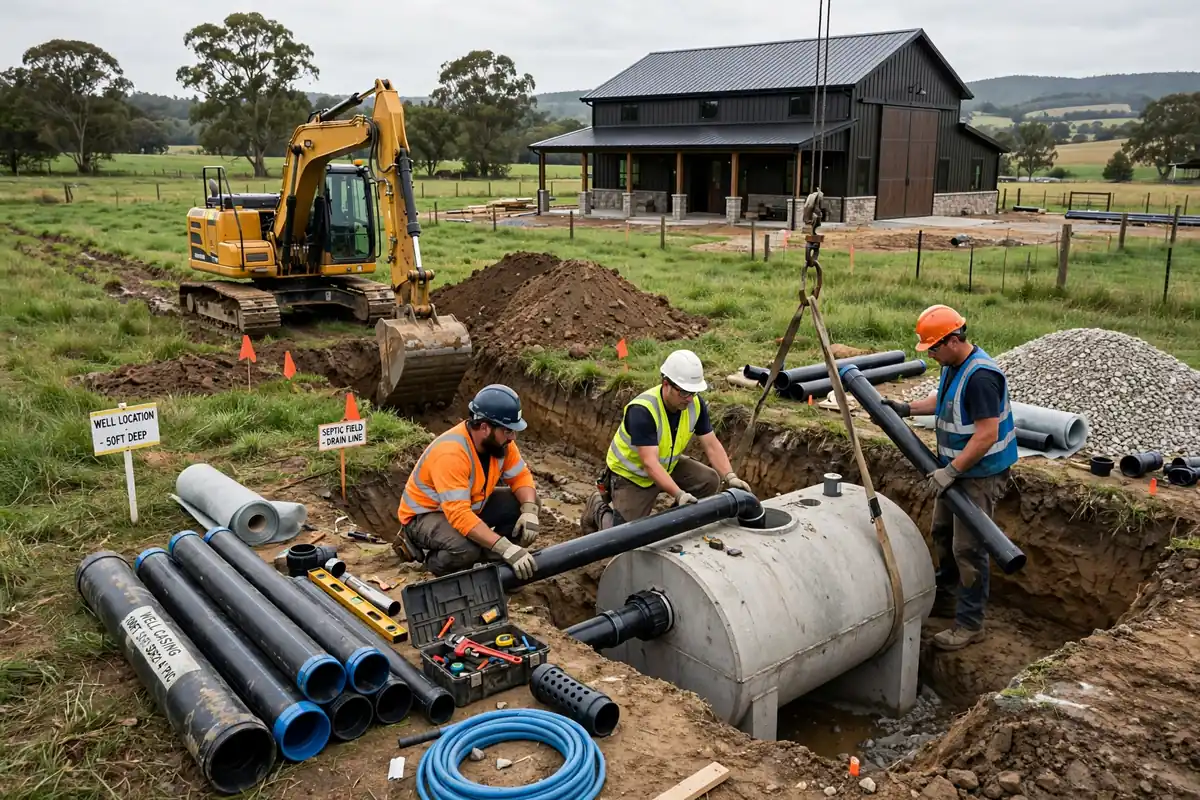 Crew installing a well and septic system on rural Illinois property