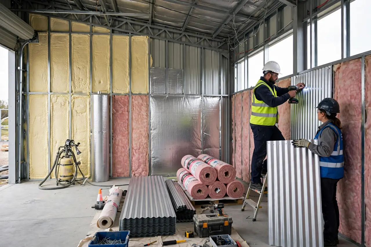Closed-cell spray foam insulation liner in a New York barndominium wall