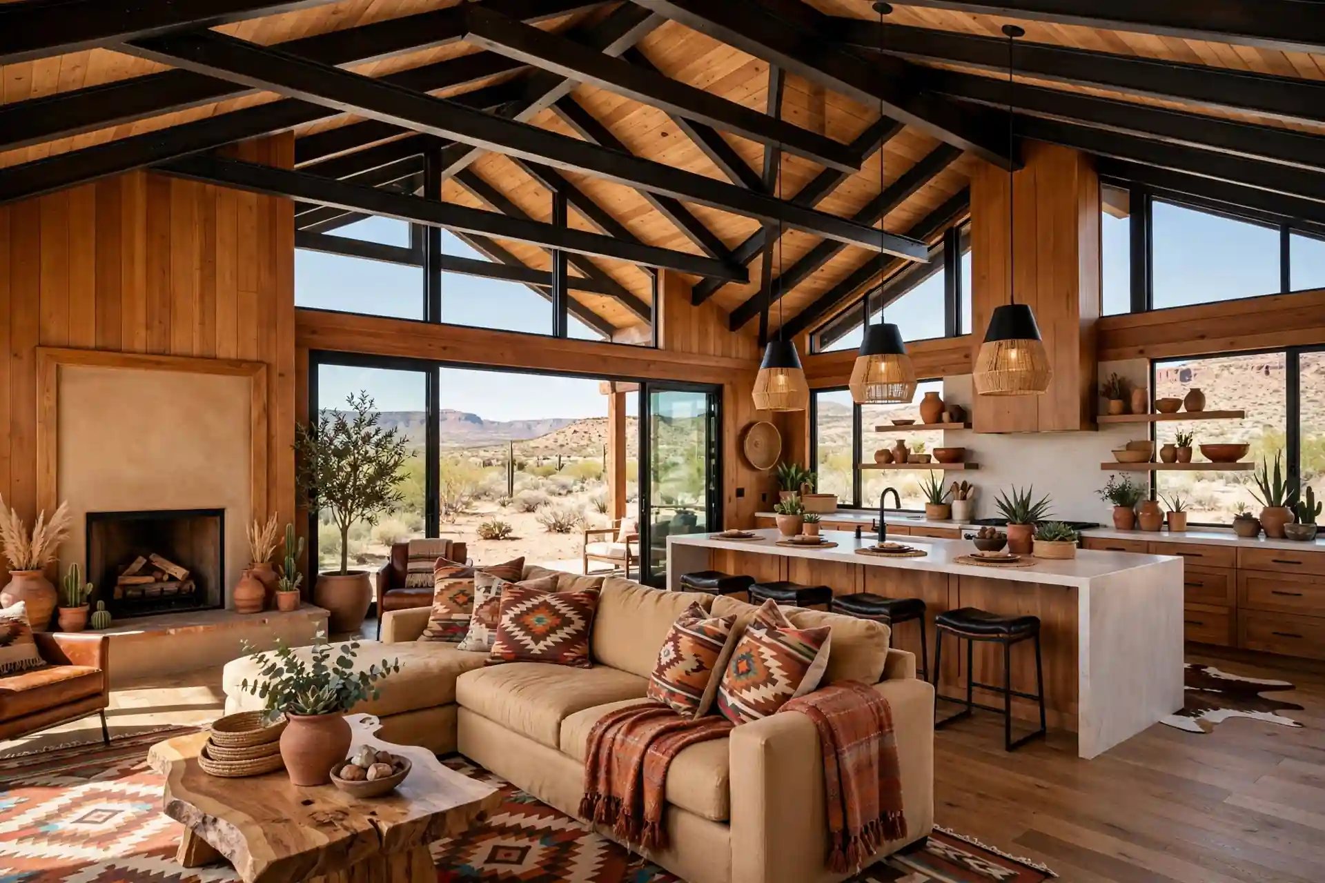 Finished barndominium interior with open living area and kitchen