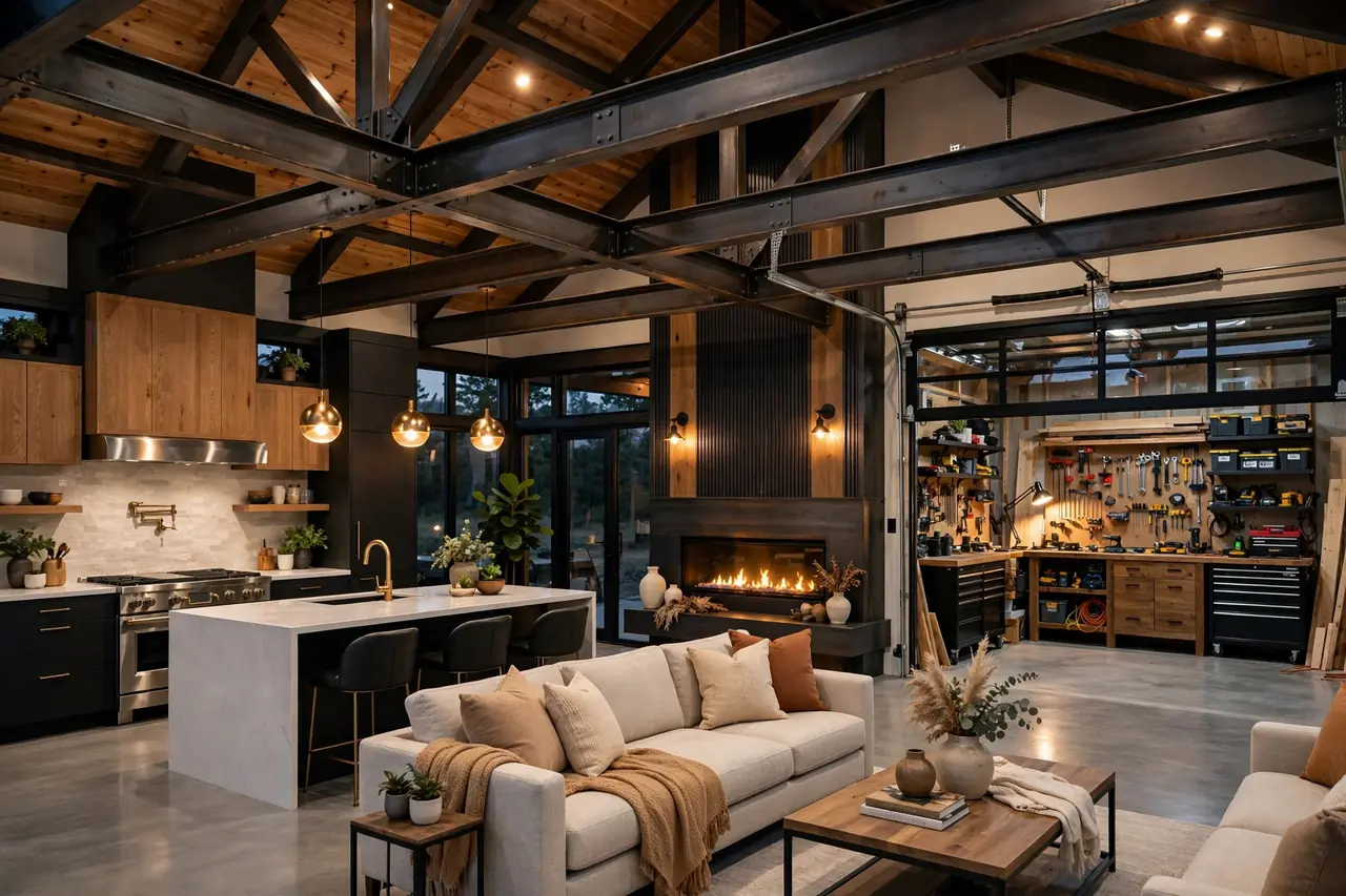 New York barndominium cost per sq ft: Luxury barndominium interior with open concept kitchen living room fireplace and attached workshop