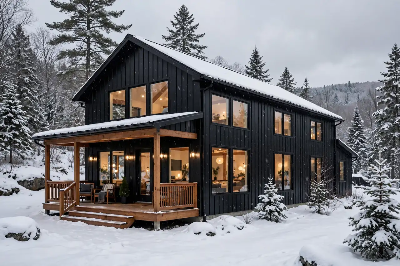 Maine Barndominium Cost: Completed modern black barndominium with wooden porch surrounded by snow in Maine forest