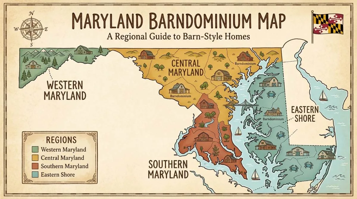 Illustrated Maryland barndominium cost by region map: Western, Central, Southern Maryland and Eastern Shore