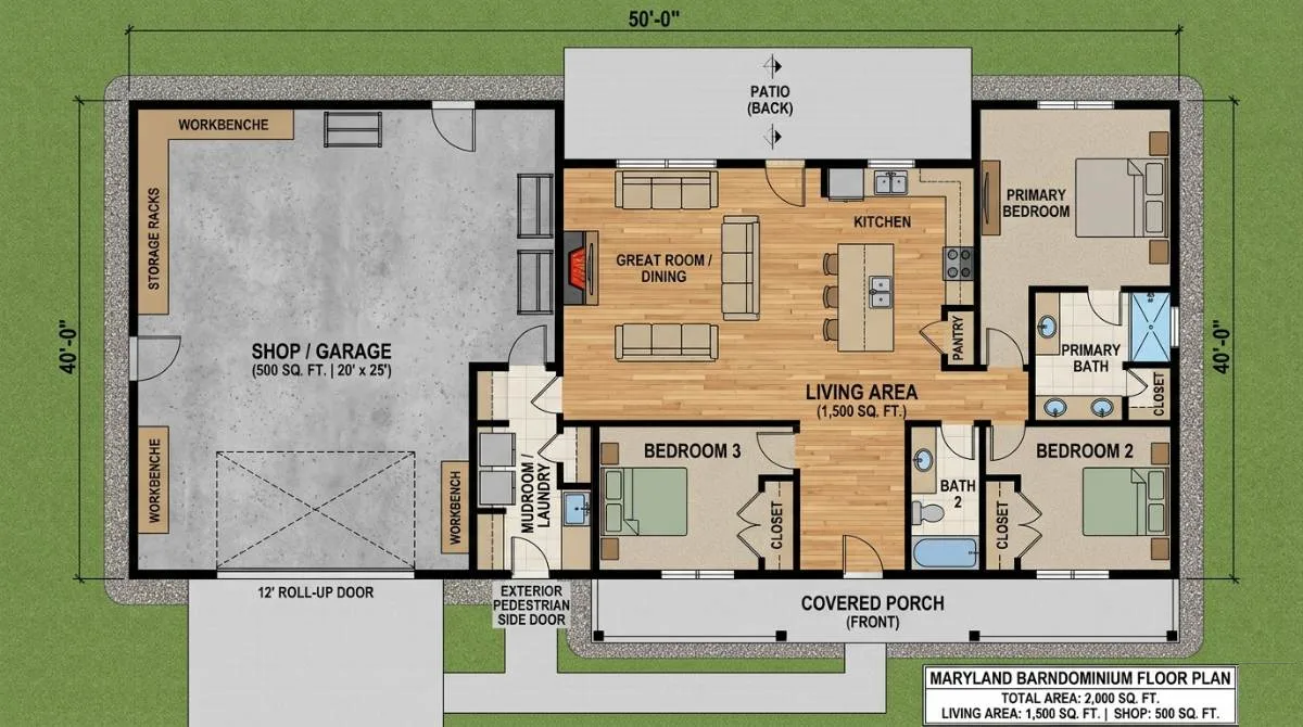 Maryland barndominium floor plan with 1,500 sq ft living space and 500 sq ft shop