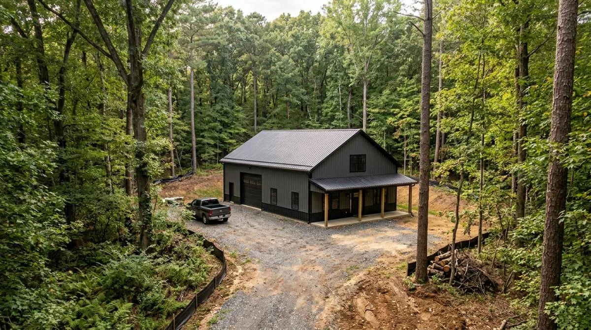 Wooded Maryland lot with limited cleared building envelope for a barndominium