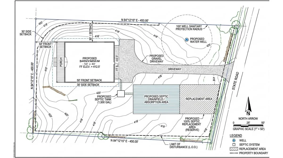 Maryland barndominium site plan showing house, well, septic area and replacement area