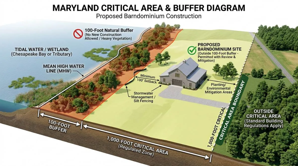 Maryland Critical Area 1,000 foot zone and 100-foot Buffer diagram for barndominium construction