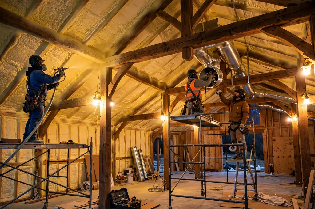 Nebraska barndominium interior with wall insulation and HVAC installation