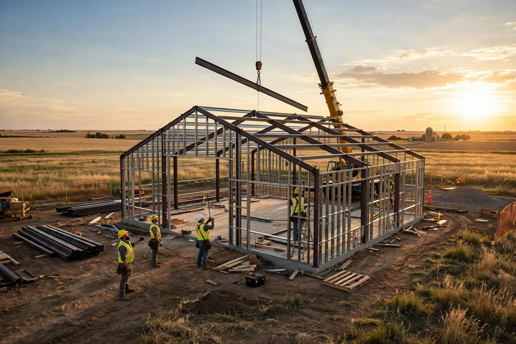 Nebraska barndominium cost per sq ft: Construction workers erecting steel frame for a Nebraska barndominium on prairie farmland at sunset with crane lifting beam