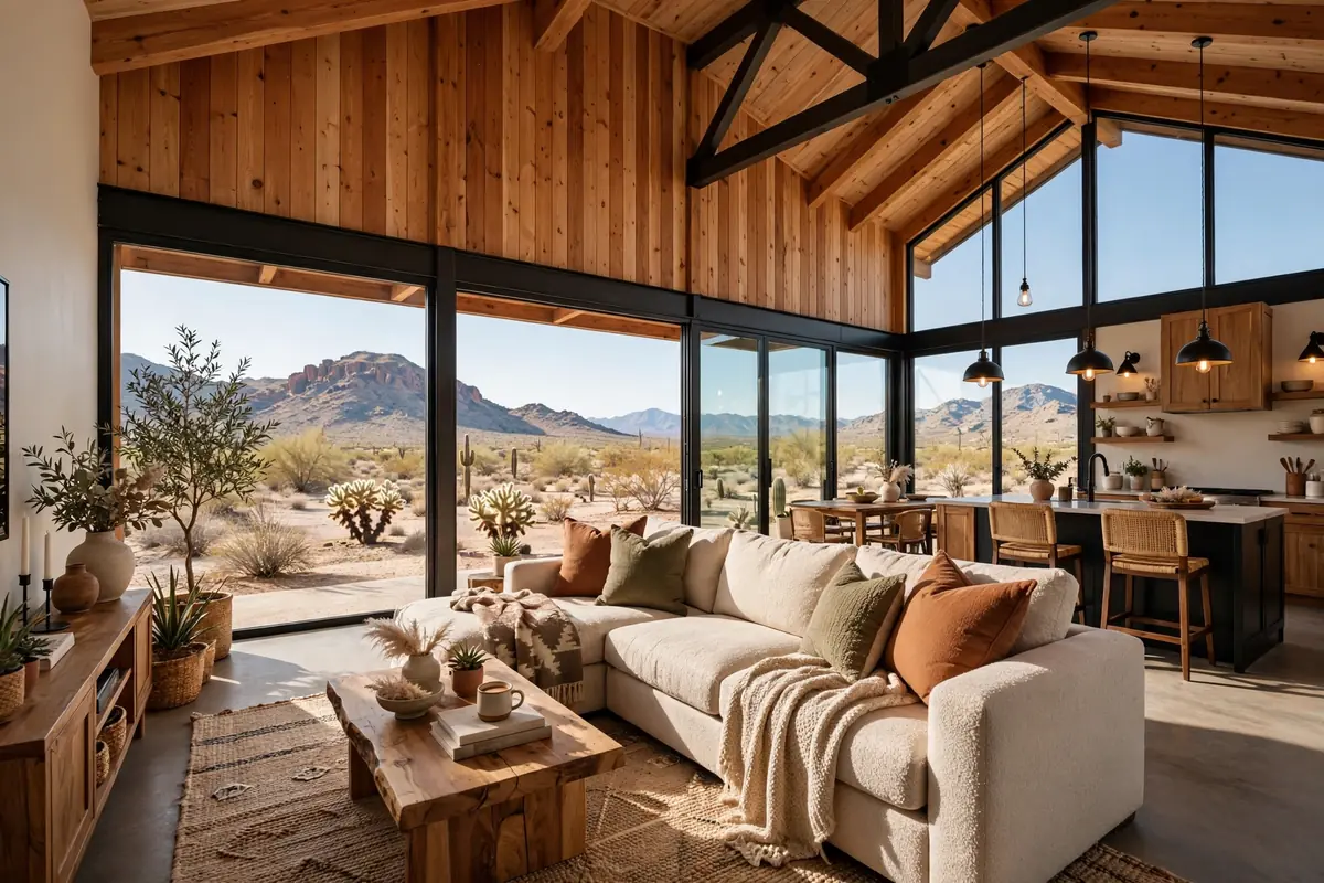 Finished open living room inside a Nevada barndominium