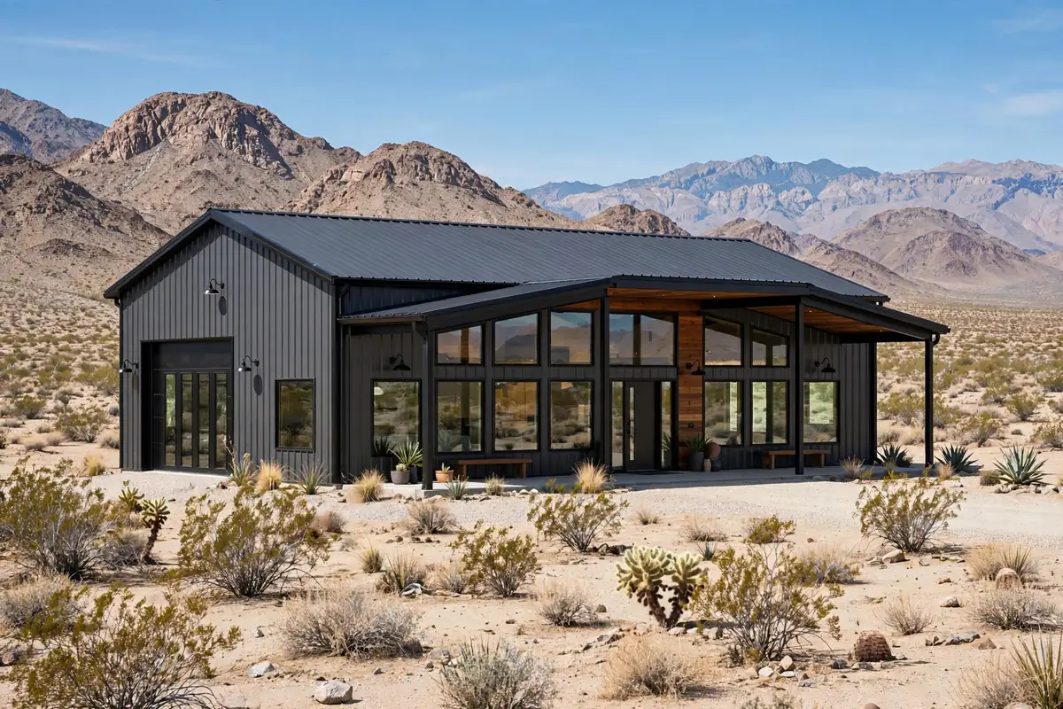 Nevada barndominium cost per sq ft guide: modern desert barndominium exterior